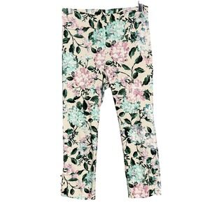 J Jill Pants Womens XSP Petite Teal Pink Floral Linen Stretch Blend Crop Coastal